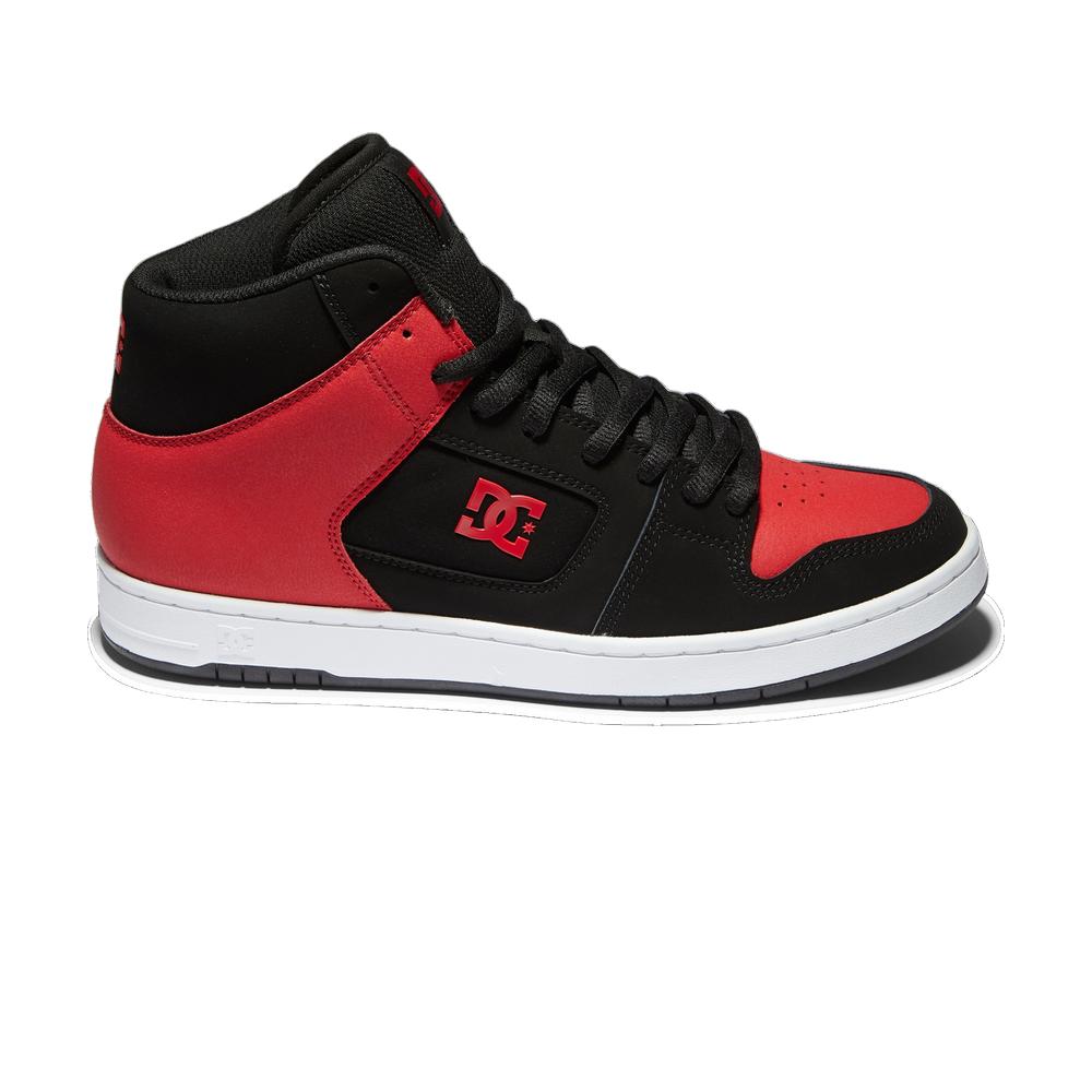 A black DC shoe with red designs.