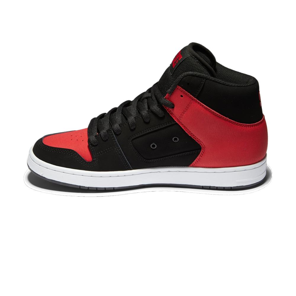 A black DC shoe with red designs.