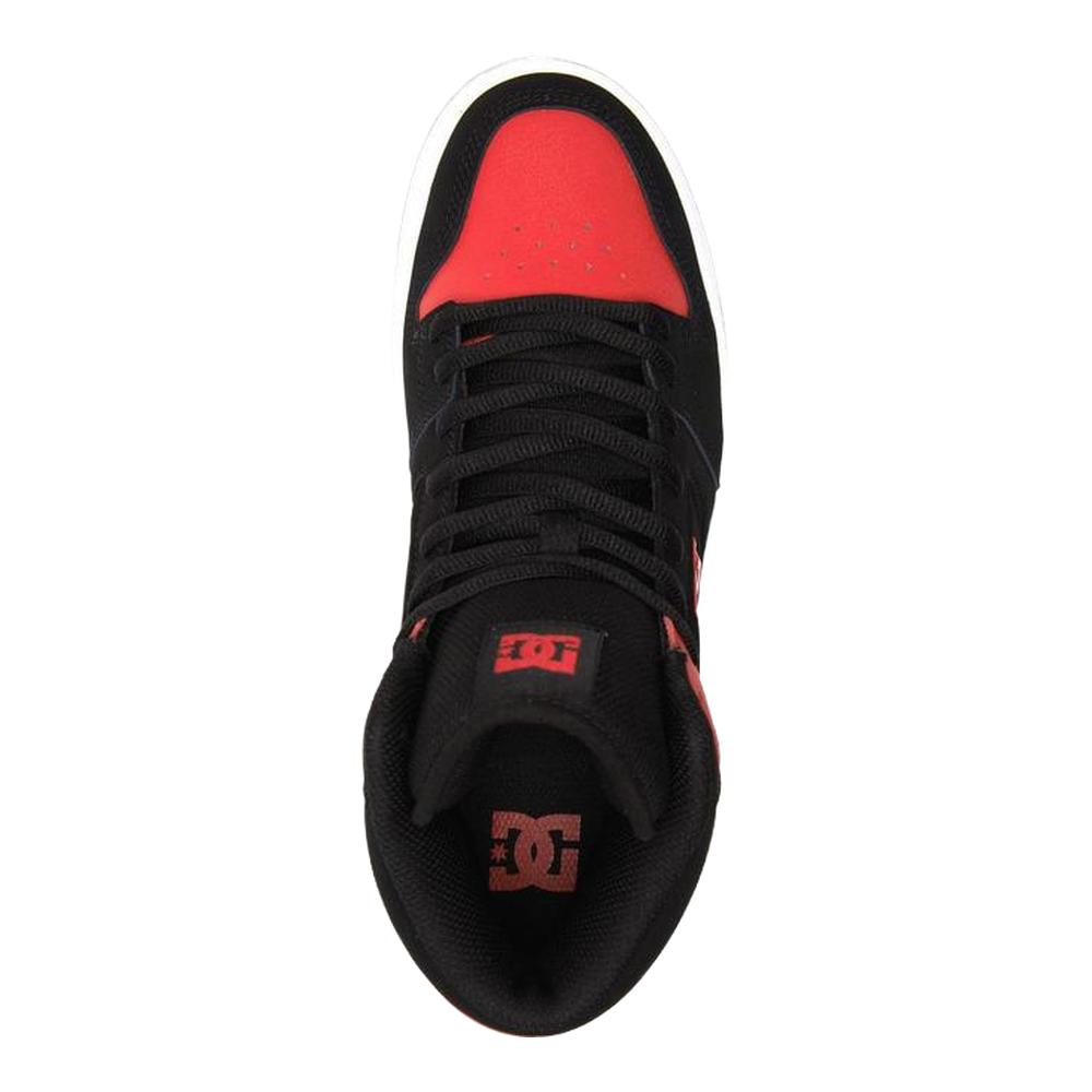 A black DC shoe with red designs.