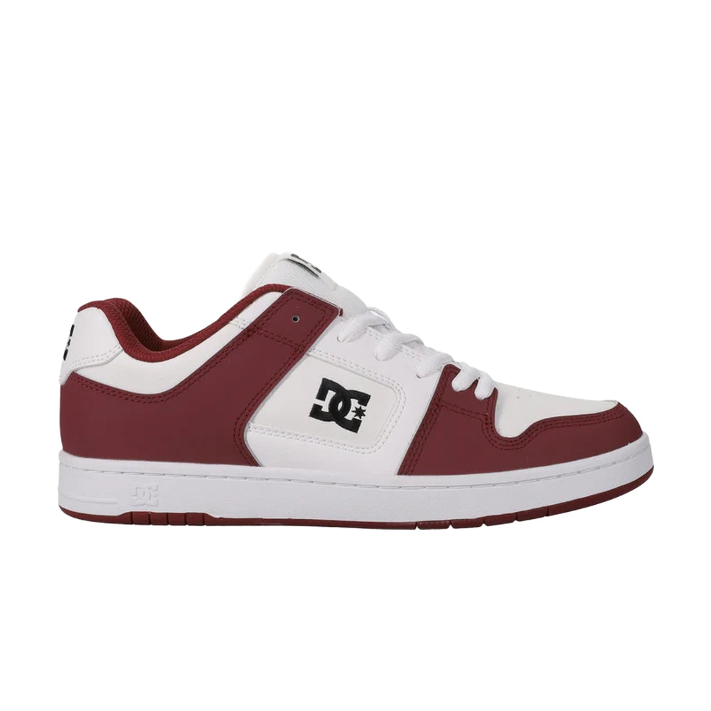 A white and maroon colored DC shoe.