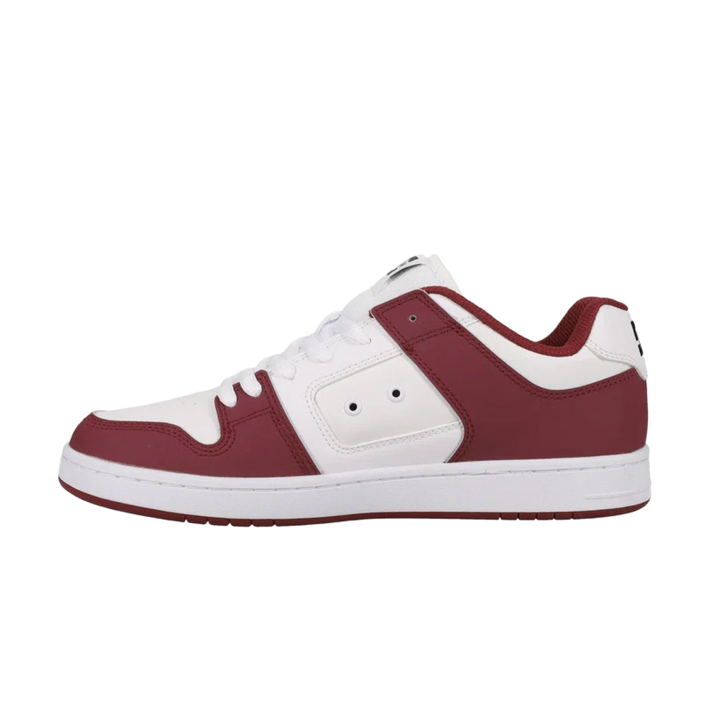 A white and maroon colored DC shoe.