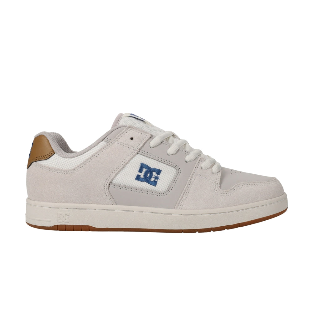 A beige color DC shoes with brown soles.