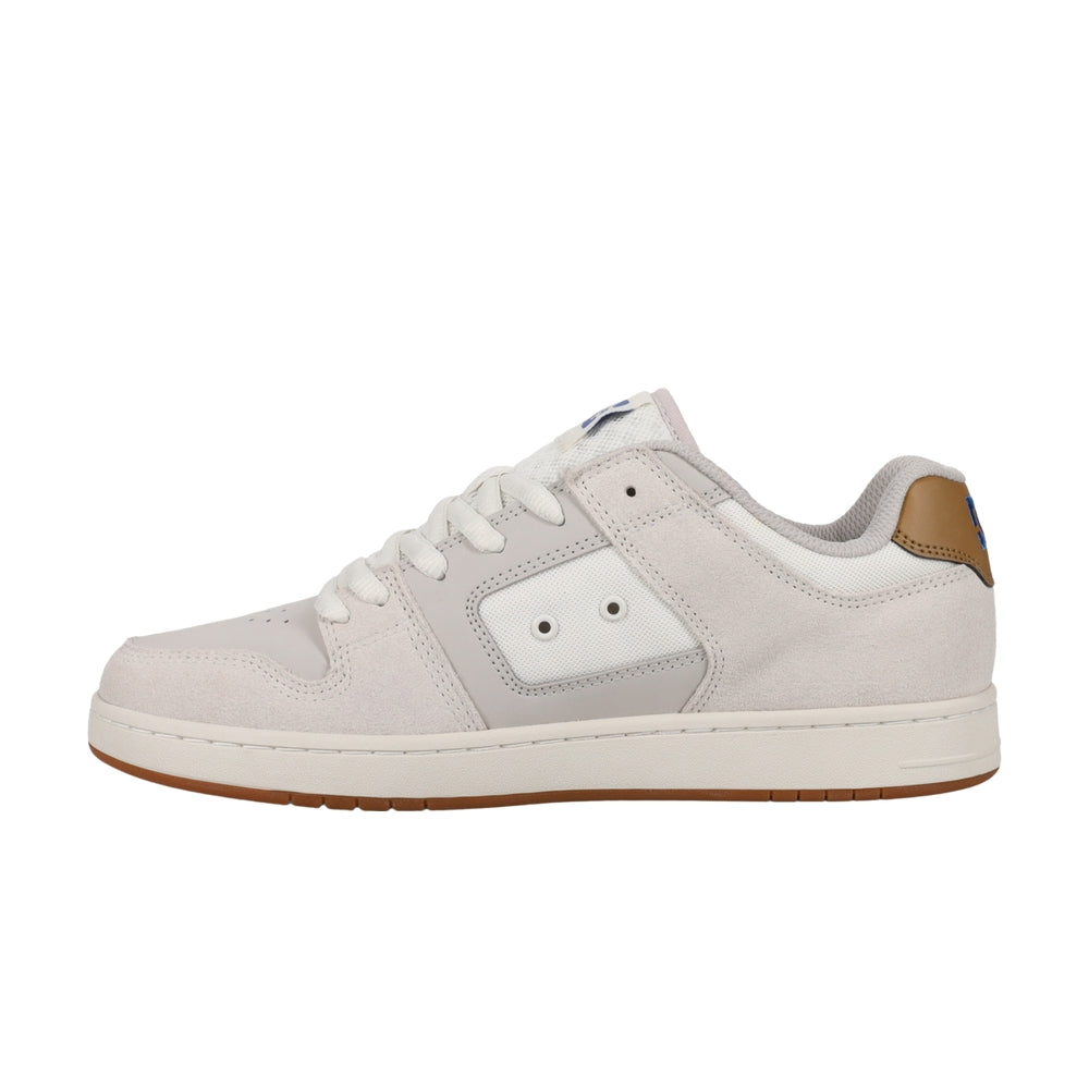 A beige color DC shoes with brown soles.