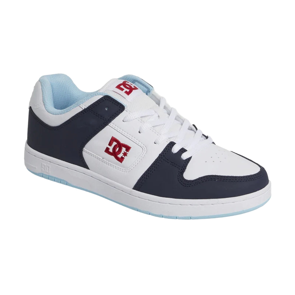 A white DC shoe with black and light blue highlights.