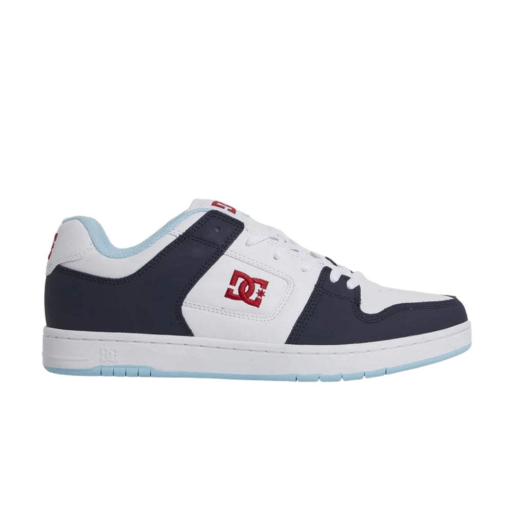 A white DC shoe with black and light blue highlights.