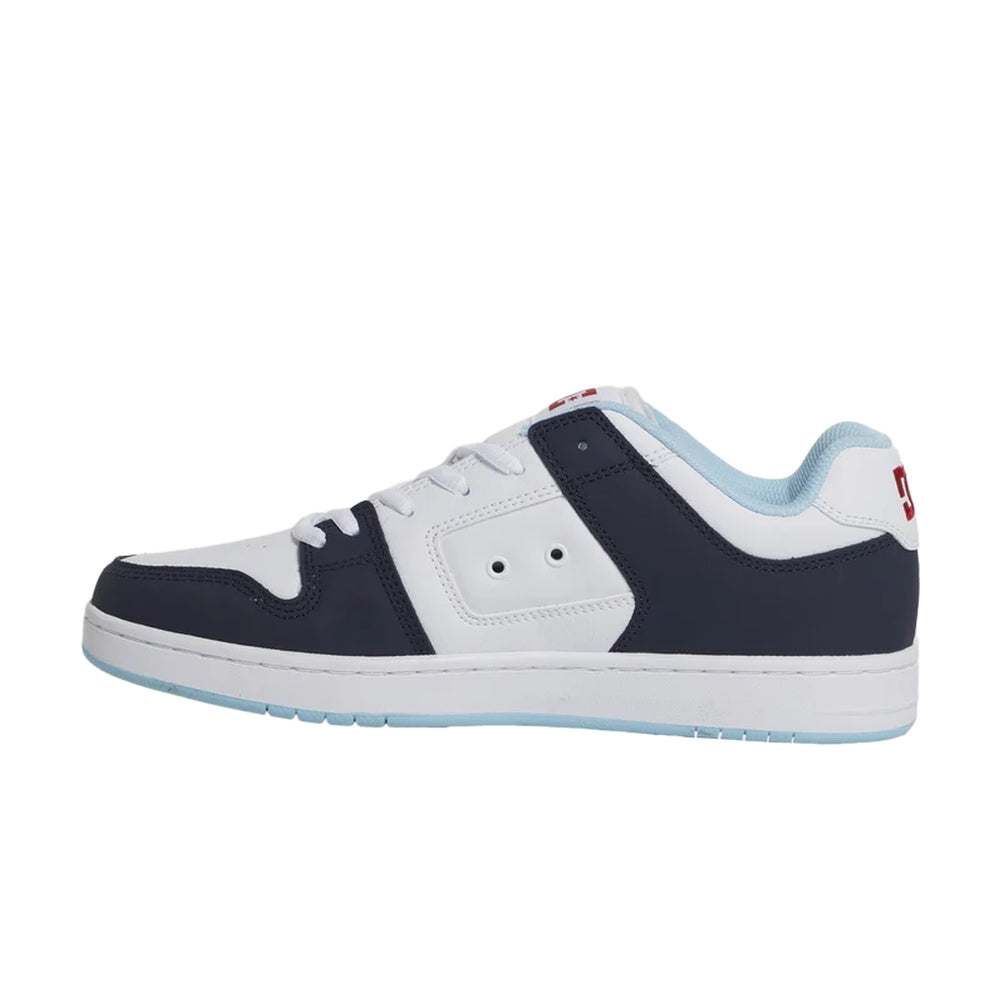 A white DC shoe with black and light blue highlights.
