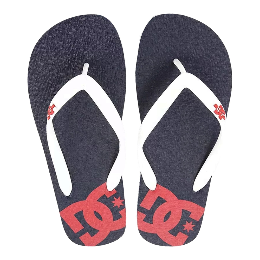 A pair of black slippers with white straps and a red DC logo design.