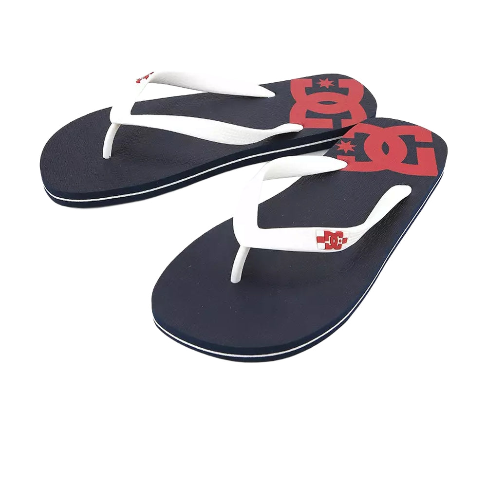 A pair of black slippers with white straps and a red DC logo design.
