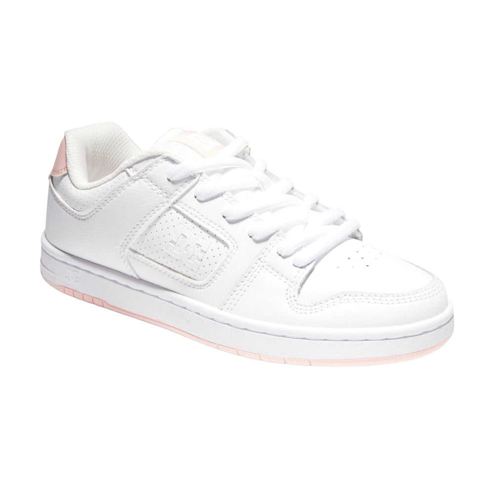 A white DC shoe with pink soles.