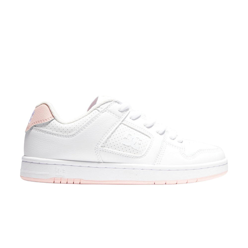 A white DC shoe with pink soles.