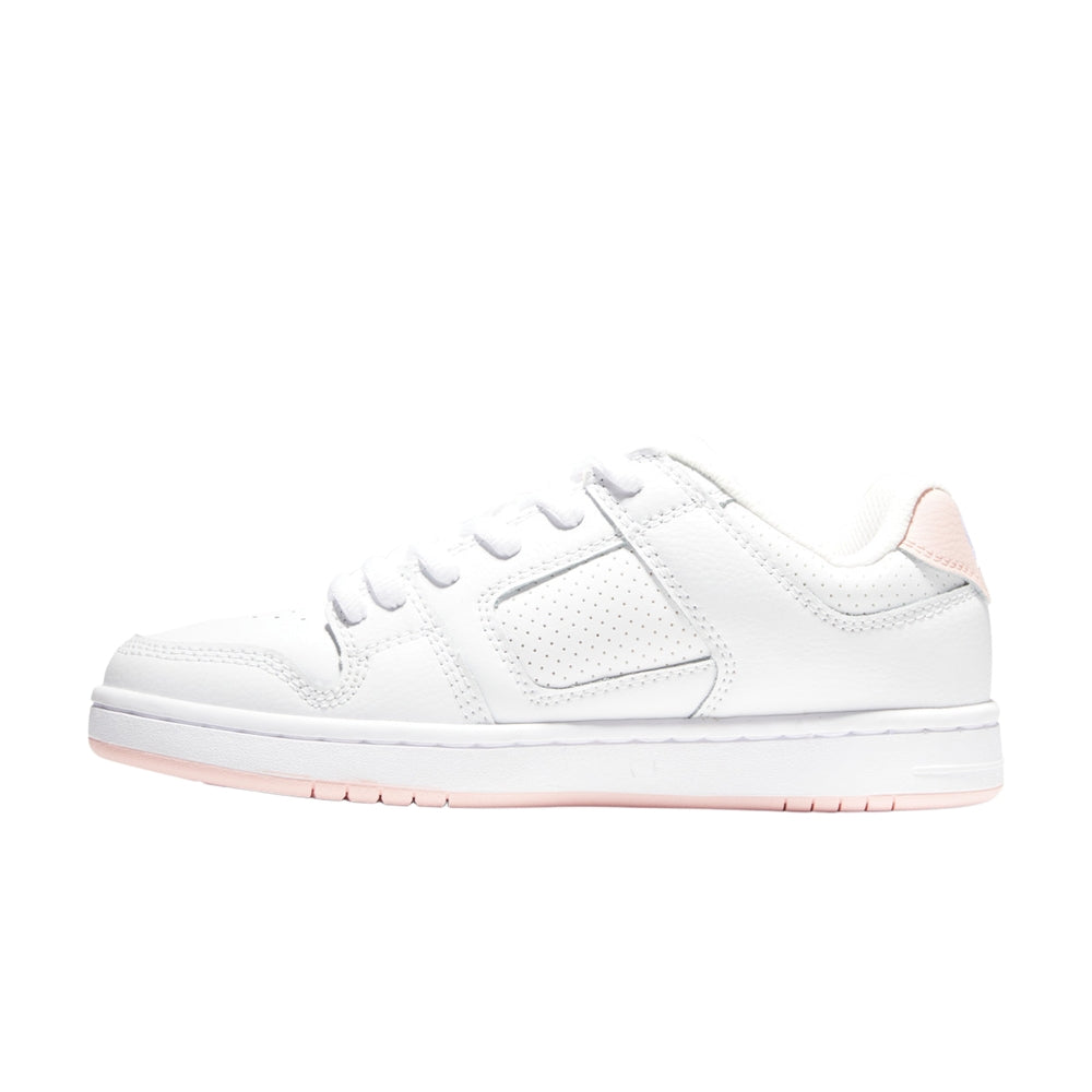 A white DC shoe with pink soles.