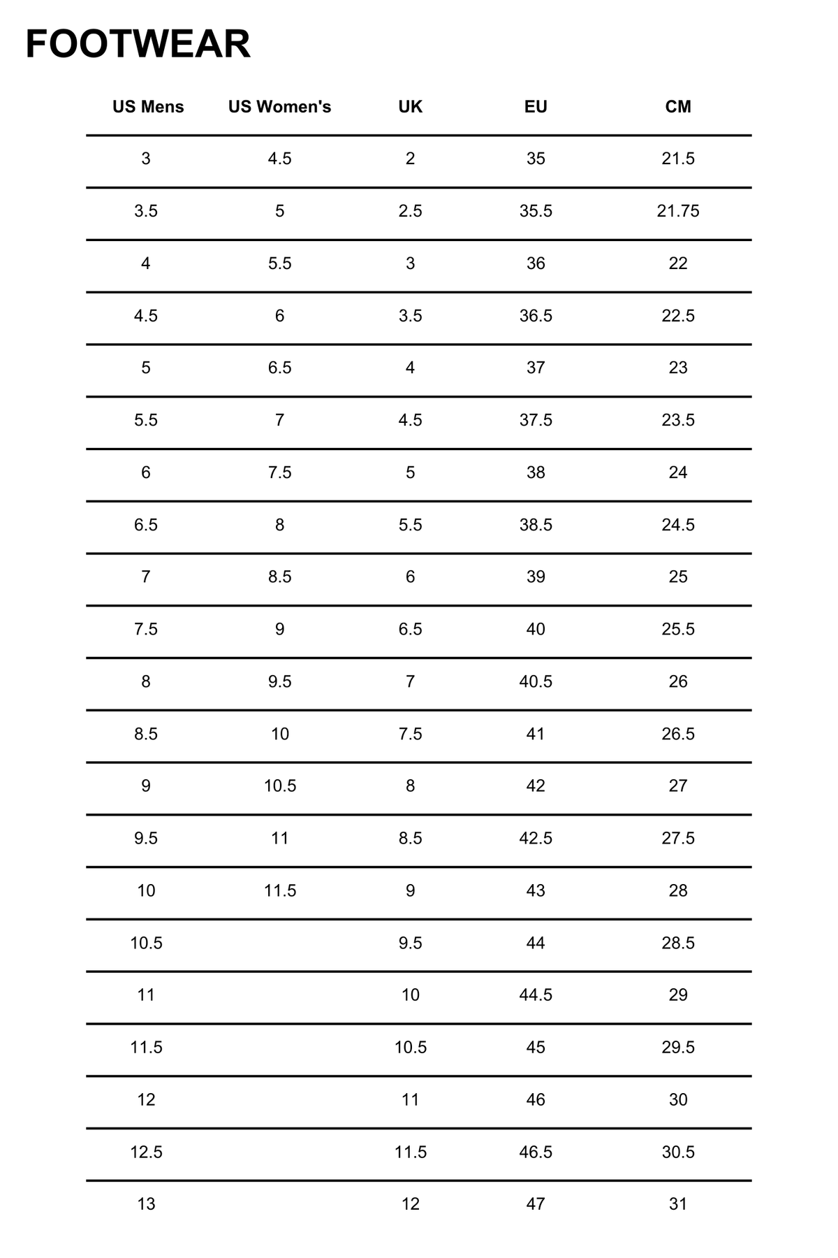 Size Chart DC Shoes Philippines